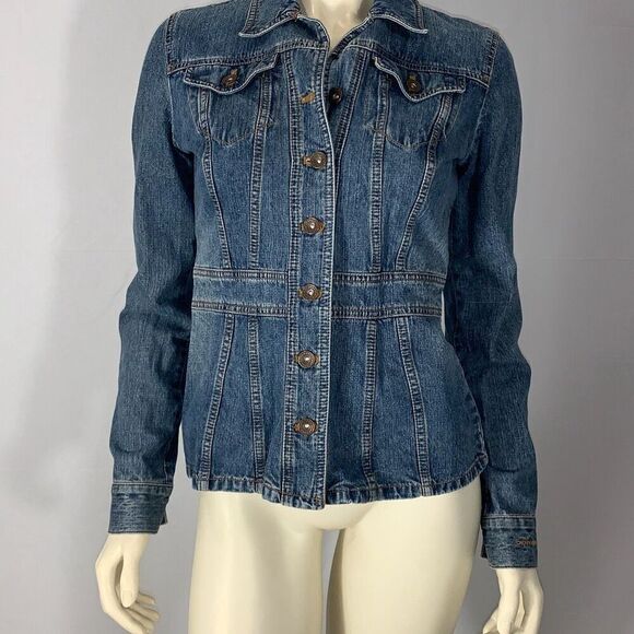 Vintage DKNY Jeans Denim Jacket Medium Y2K Mid Blue Peplum Trucker Womens - Picture 1 of 13